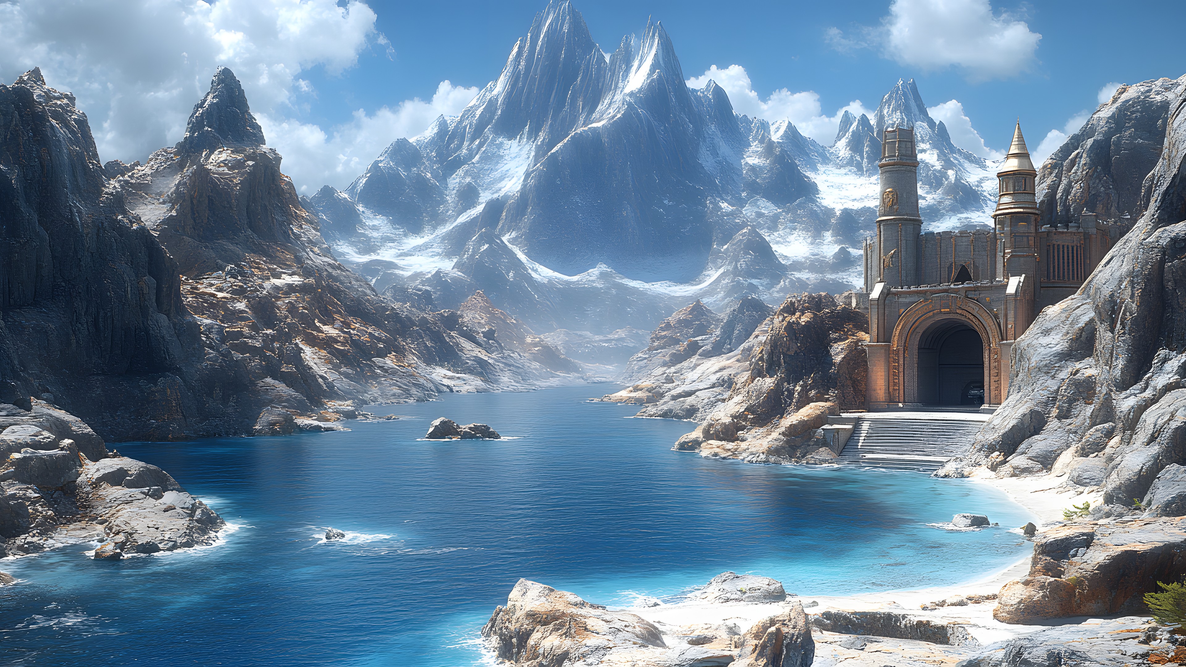 Mountainous landforms, Mountain, Rock, Cloud, Terrain, Winter, Mountain range, Glacial landform, Alps, Valley, Cliff, Mountain river, Glacier, Outcrop, Ice, CG artwork, Panorama, Castle, PC game, Digital compositing