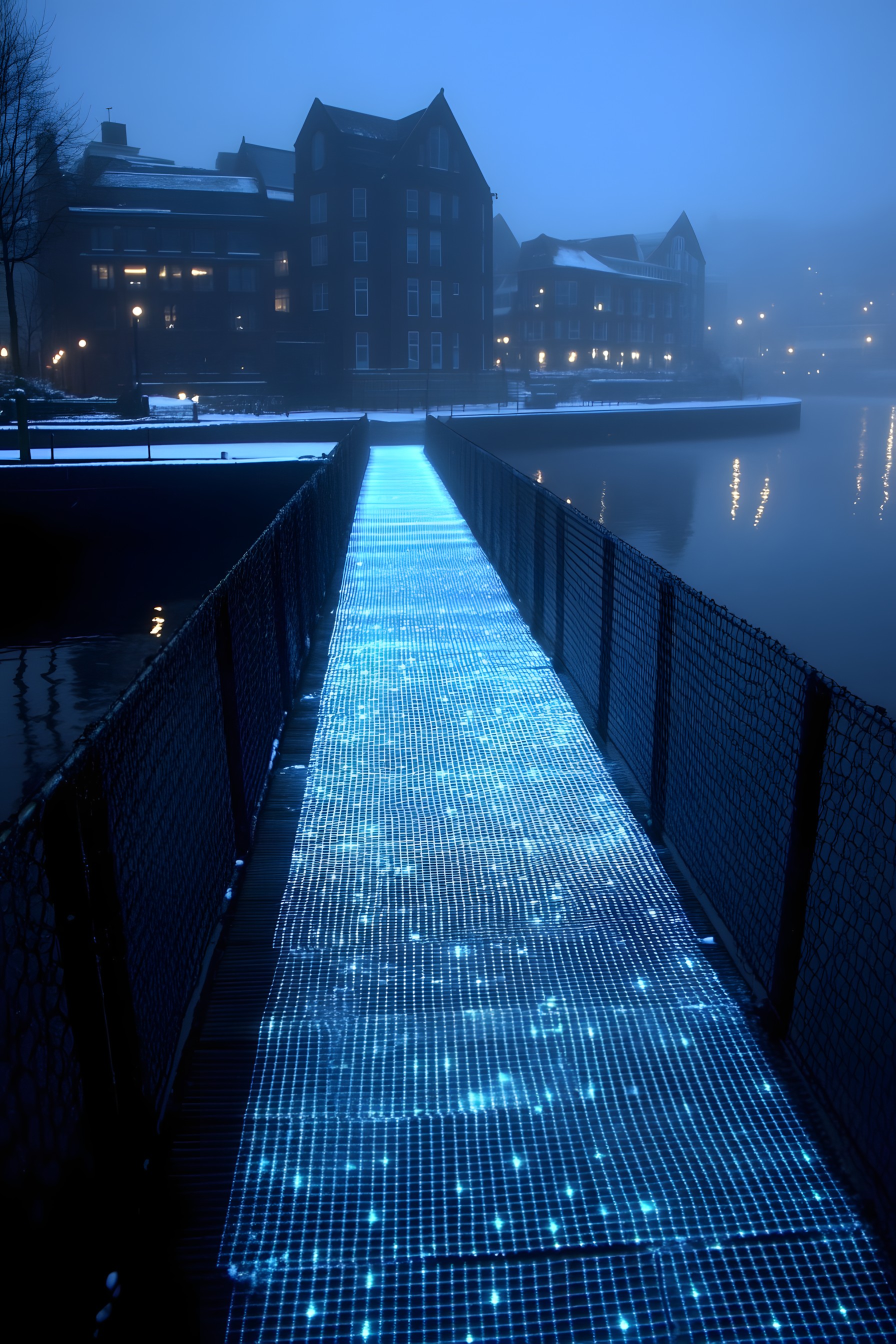 Blue, Reflection, Walkway, Night, Symmetry, Shadow, Fence, Boardwalk