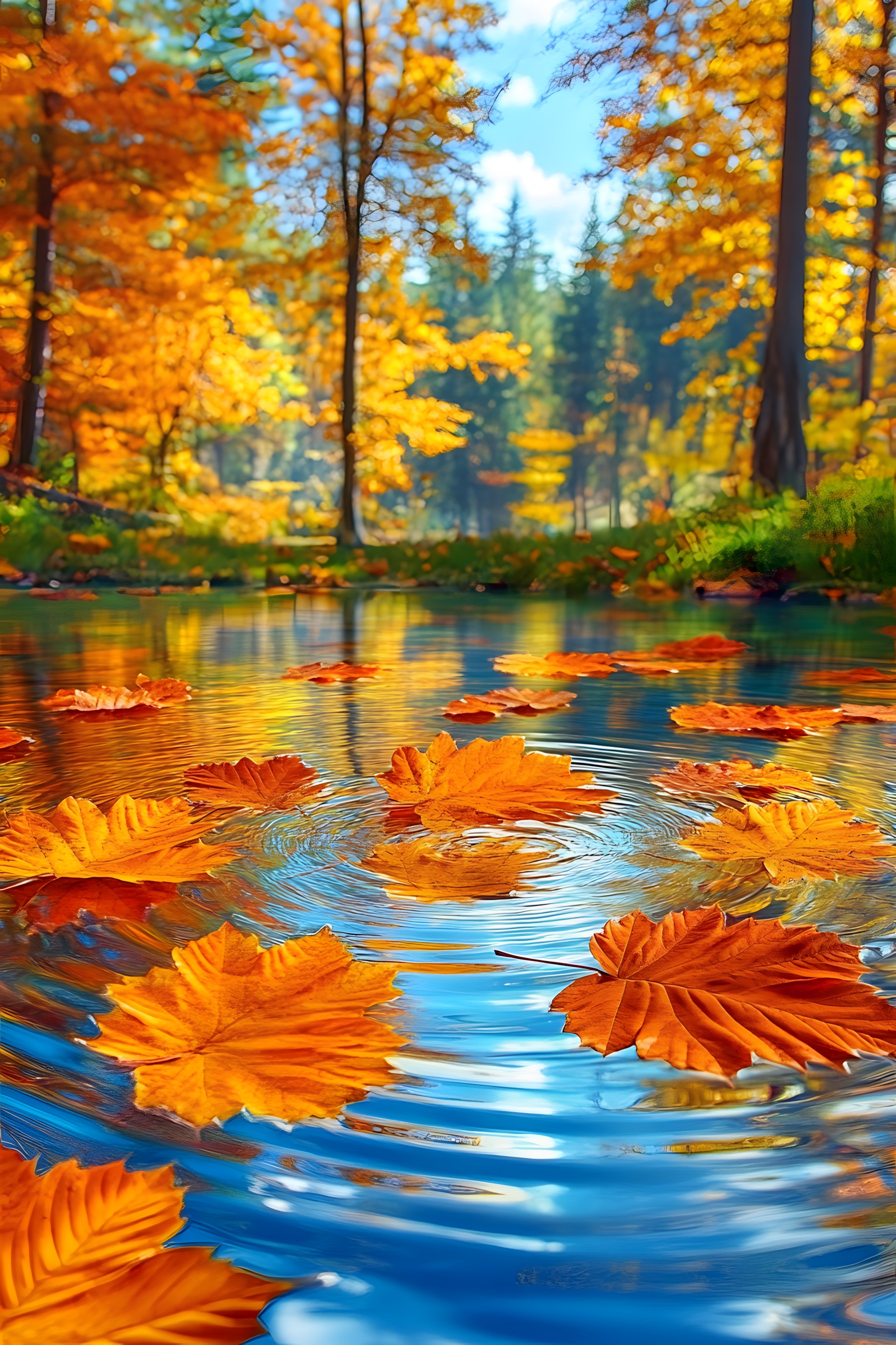 Yellow, Orange, Autumn, Reflection, Woody plant, Fluvial landforms of streams, Northern hardwood forest, Temperate broadleaf and mixed forest, Bayou, Pond, Loch, Maple, Maple leaf, Stream