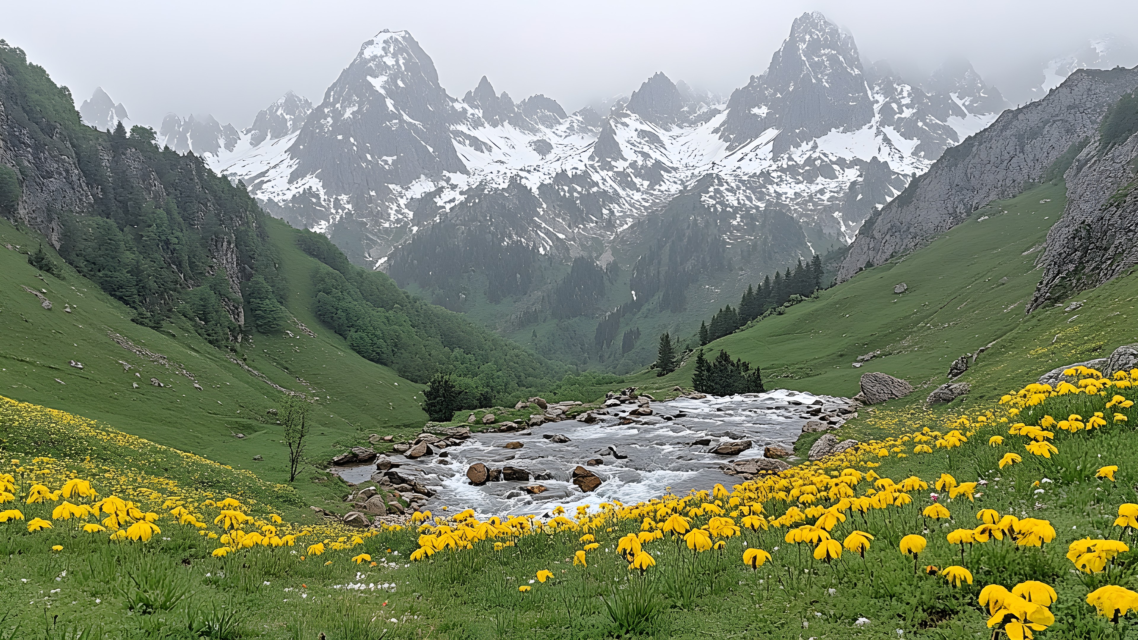 Mountain, Plant, Sky, Flower, Ecoregion, Natural landscape, Green, Nature, Natural environment, People in nature, Highland, Cloud, Grass, Biome, Watercourse, Snow, Bank, Grassland, Mountainous landforms, Landscape