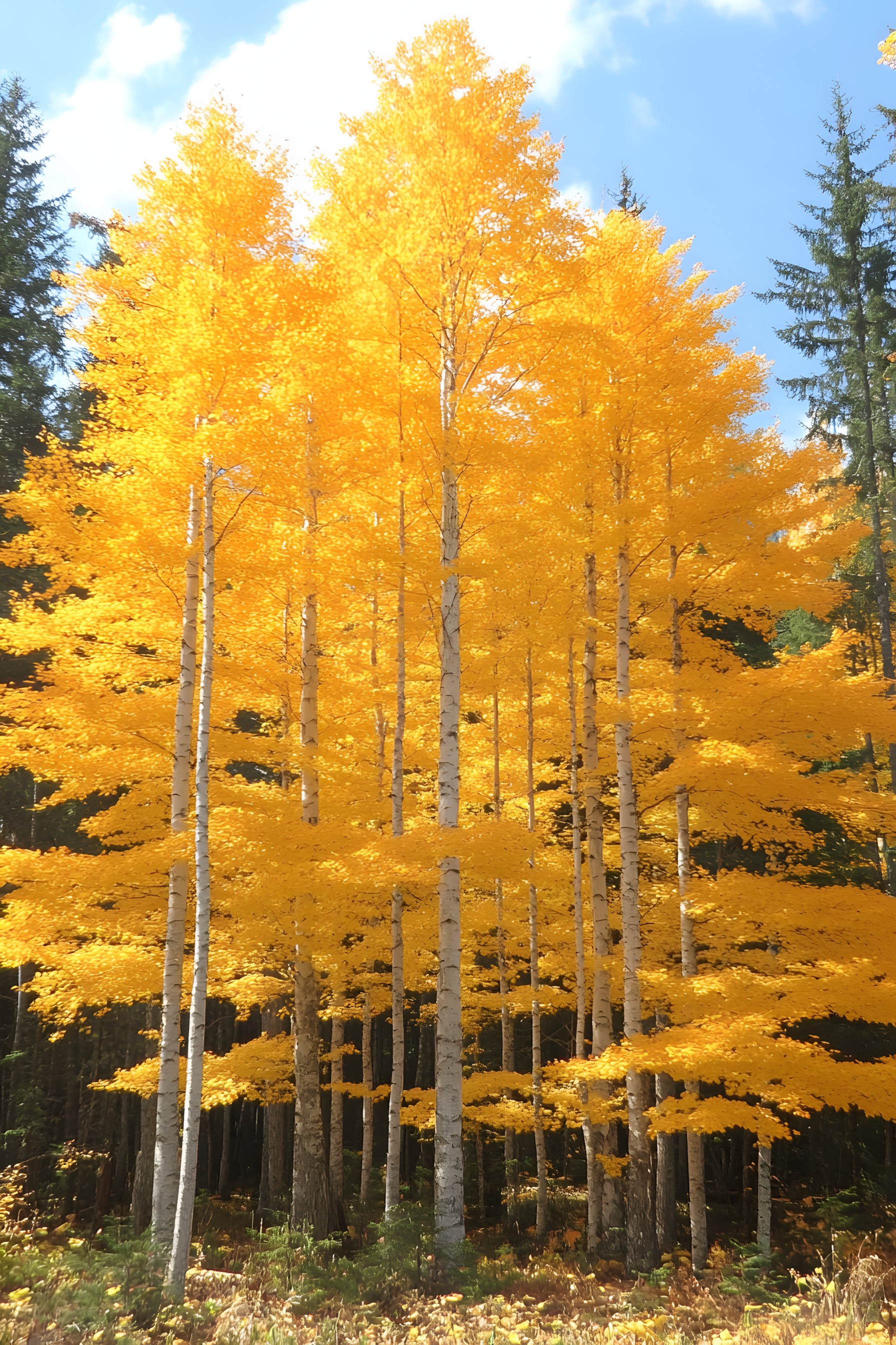 Larch, Trunk, Woody plant, Forest, Northern hardwood forest, Grove, Temperate broadleaf and mixed forest, Quaking aspen, Woodland, Conifers, Spruce-fir forests, Pine family, Autumn, Birch family, Old-growth forest, Paper birch, Tropical and subtropical coniferous forests, Fir