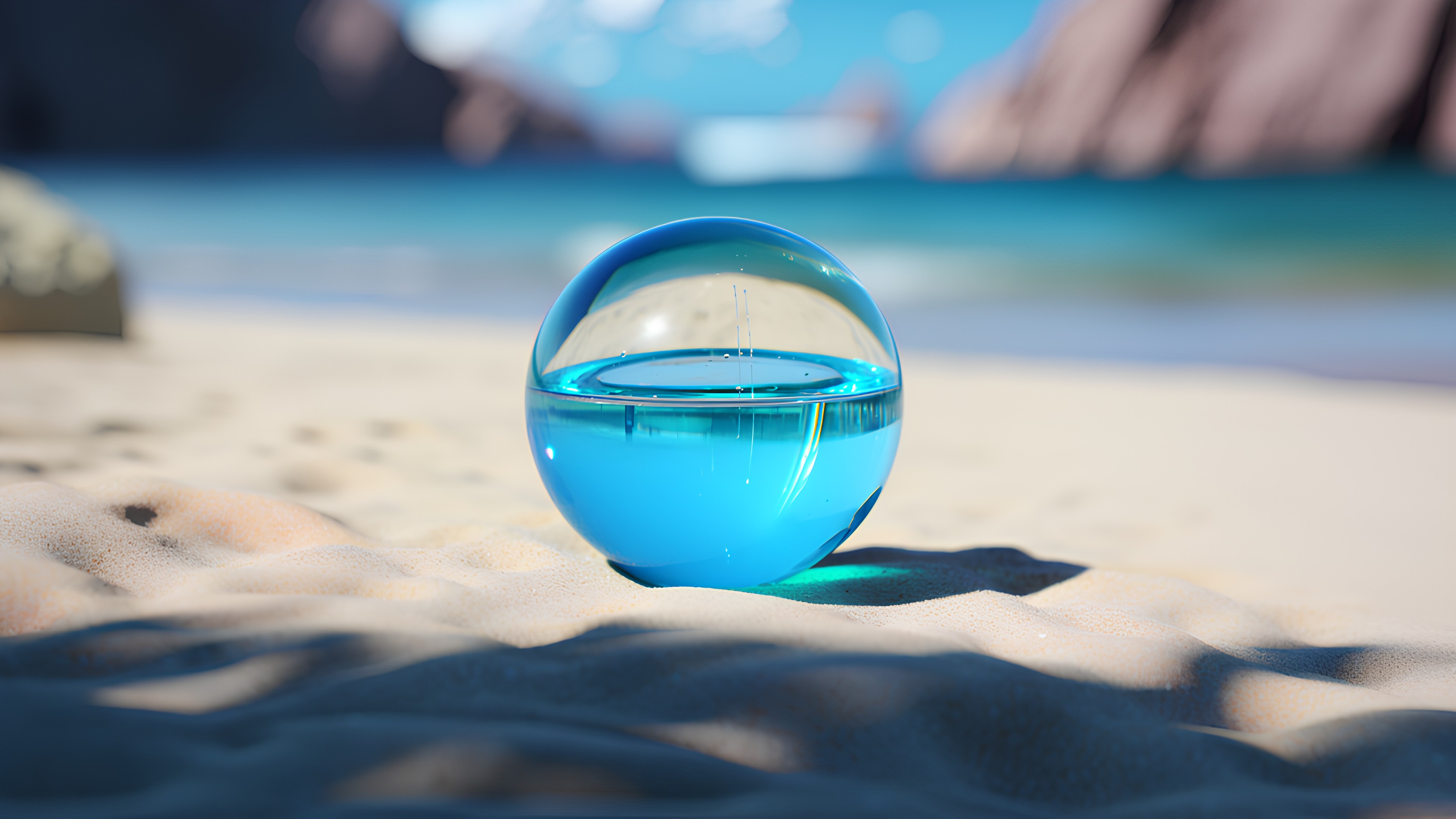 Water, Sky, Table, Azure, Liquid, Beach, Eyewear, Body of water, Ball, Drinkware, Soccer ball, Tints and shades, Electric blue, Leisure, Landscape, Calm, Sand, Circle, Horizon, Personal protective equipment