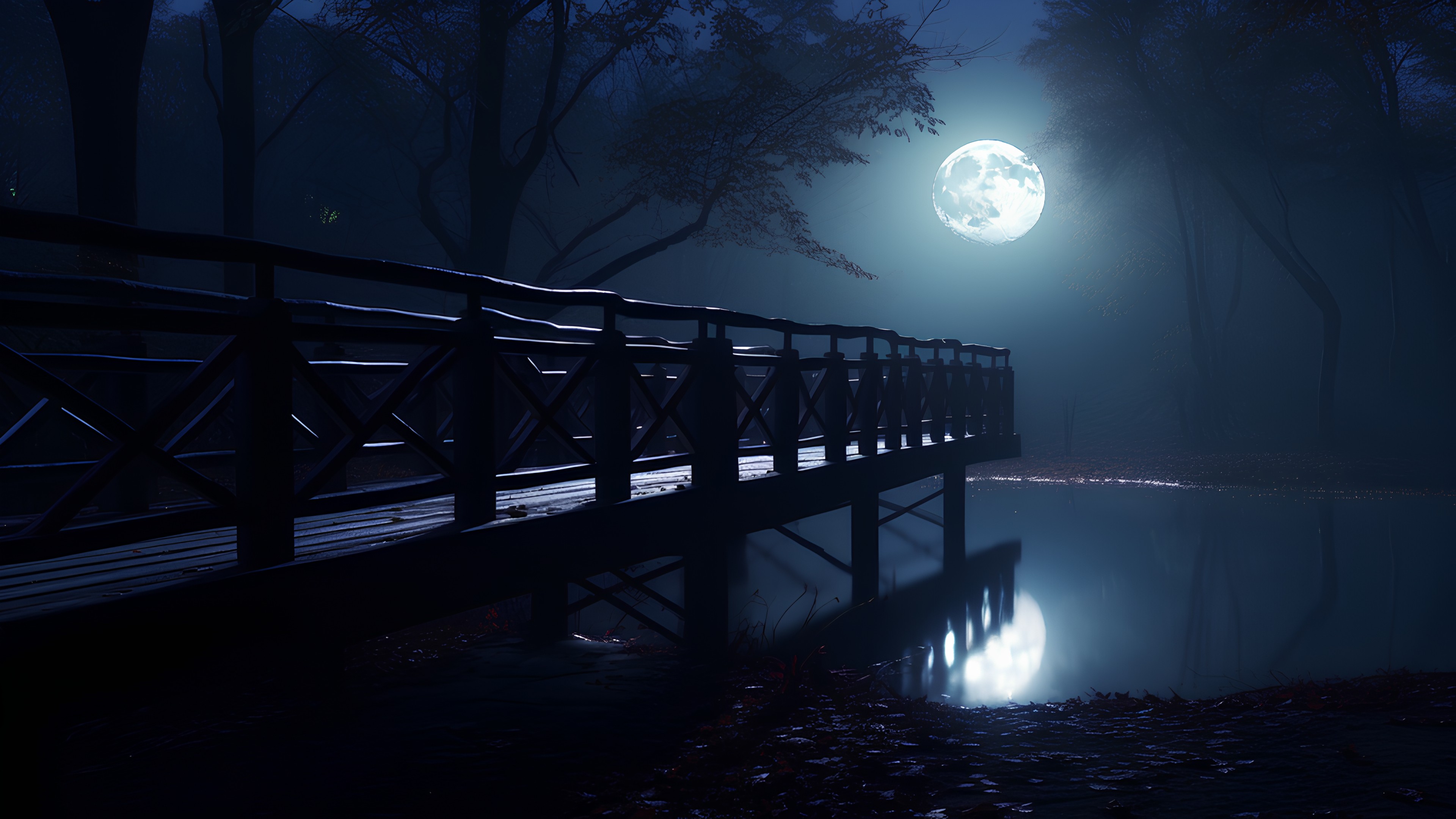 Water, Atmosphere, Sky, Moon, Nature, Tree, Lighting, Flash photography, Sunlight, Atmospheric phenomenon, Lake, Fog, Astronomical object, Full moon, Tints and shades, Midnight, Wood, Horizon, Moonlight, Calm