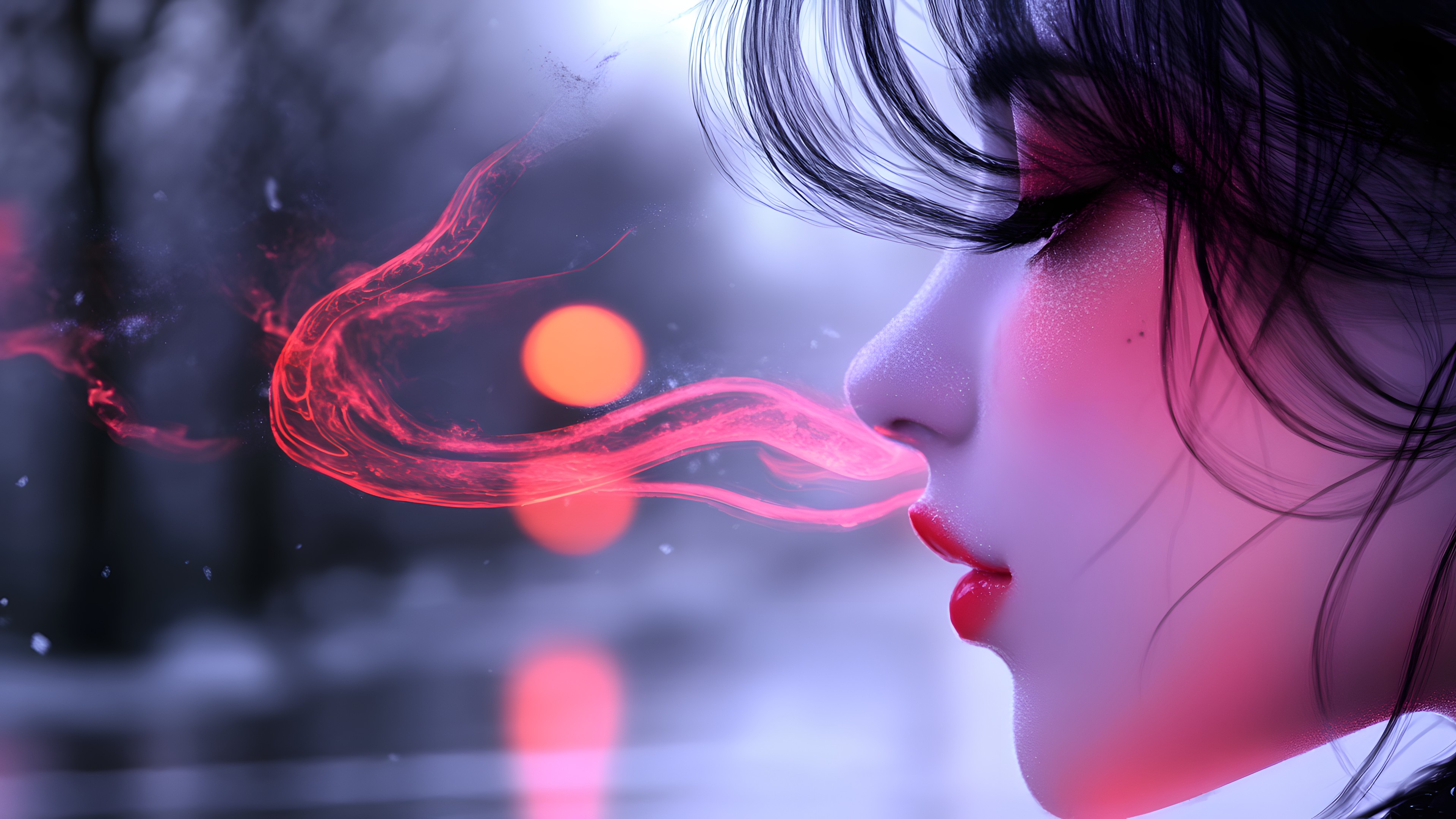 Lips, Red, Eyelash, Black hair, Smoke, Pink, Smoking, Long hair, Lipstick, Flesh, CG artwork, Graphics, Cosmetics, Portrait photography, Lip gloss, Model