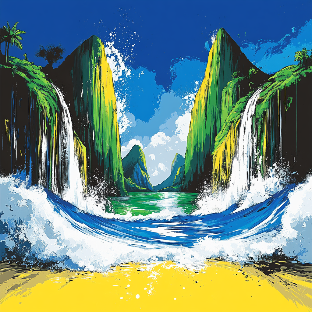 Natural landscape, Visual arts, Art Paint, Paint, Painting, Mountain river, Cliff, Watercolor painting, Modern art, Acrylic paint, Wind wave, Graphics, Waterfall, Headland, Water feature, Stream