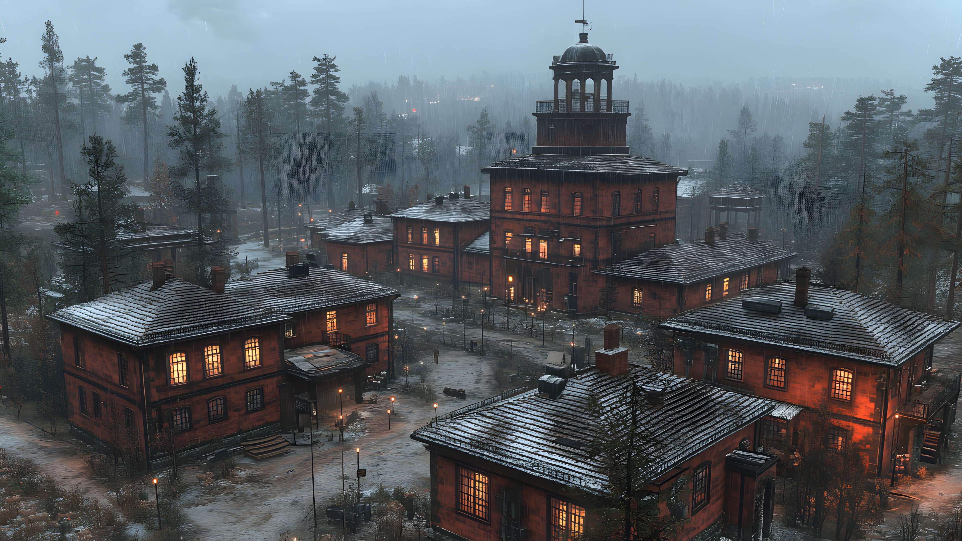 Winter, Evening, Game, PC game, Smoke, Chimney, Mist, Mountain Village