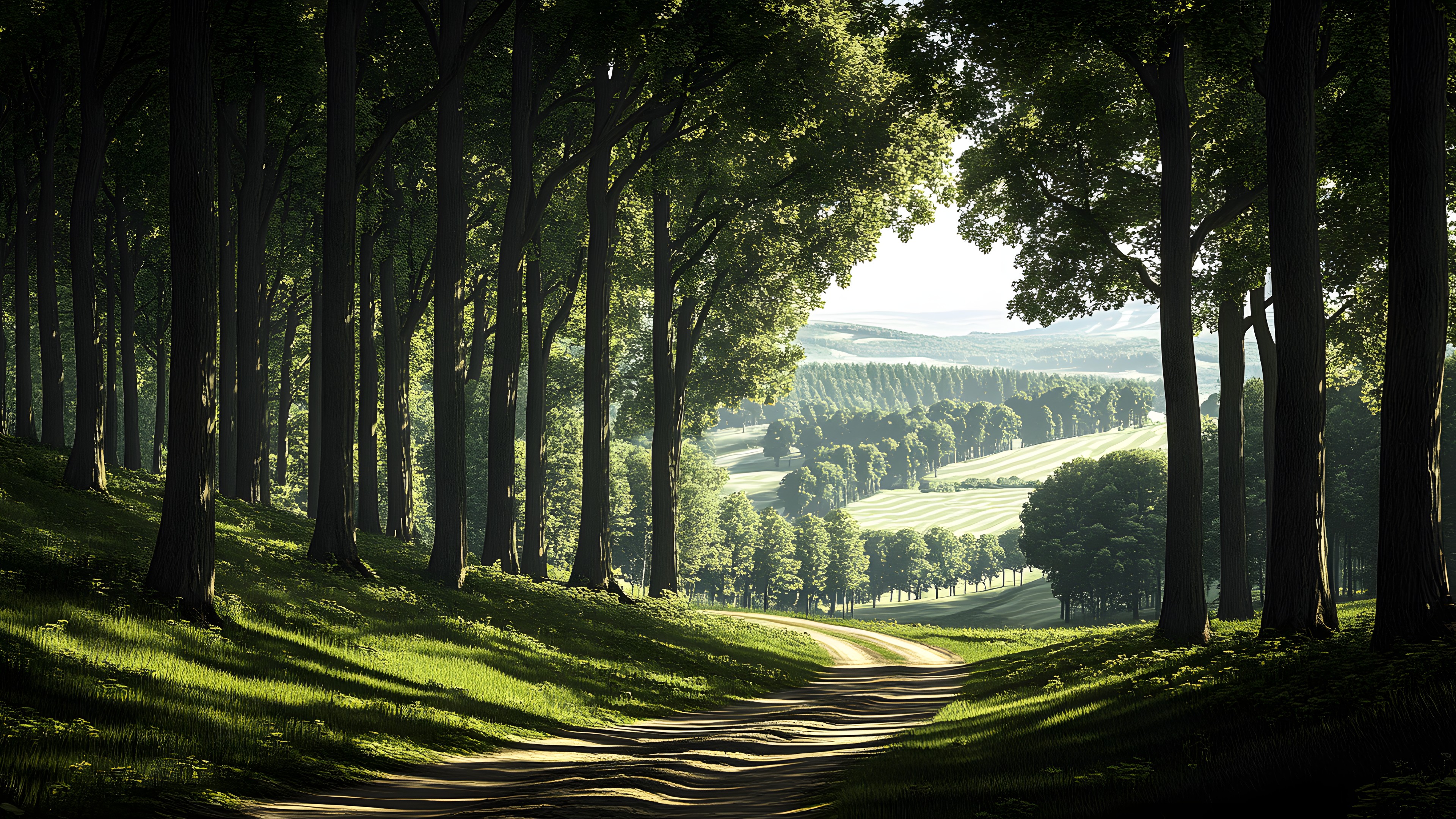 Tree, Green, Natural environment, Nature, Natural landscape, Branch, Landscape, Trunk, Forest, Woodland, Sunlight, Grove, Morning, Woody plant, Trail, Plantation, Temperate broadleaf and mixed forest, Shadow, Old-growth forest, Dirt road