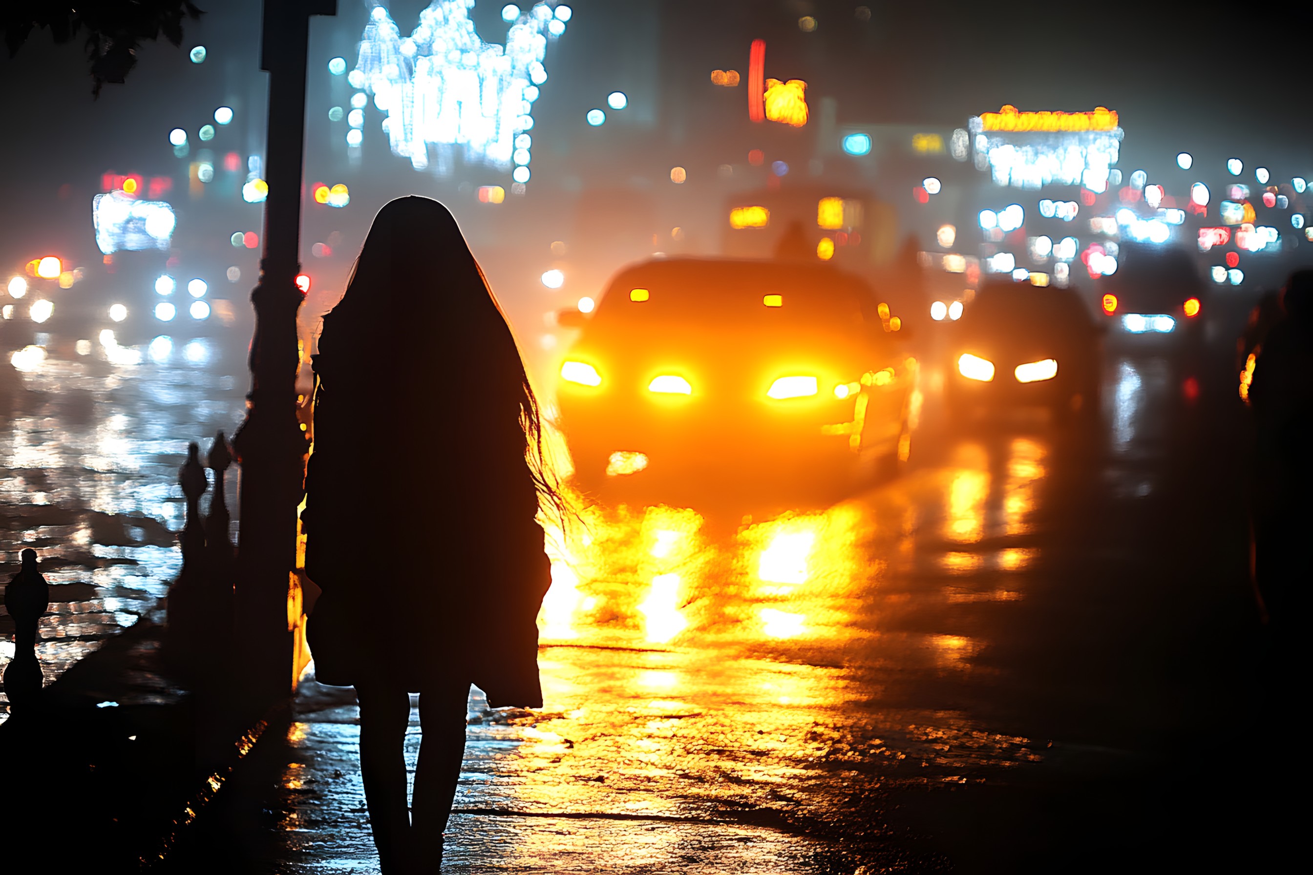 Road, Automotive lighting, City, Urban area, Street, Lighting, Night, Pedestrian, Metropolitan area, Evening, Metropolis, Reflection, Electricity, Traffic, Midnight, Travel, Walking, Winter, Headlamp, Lens flare