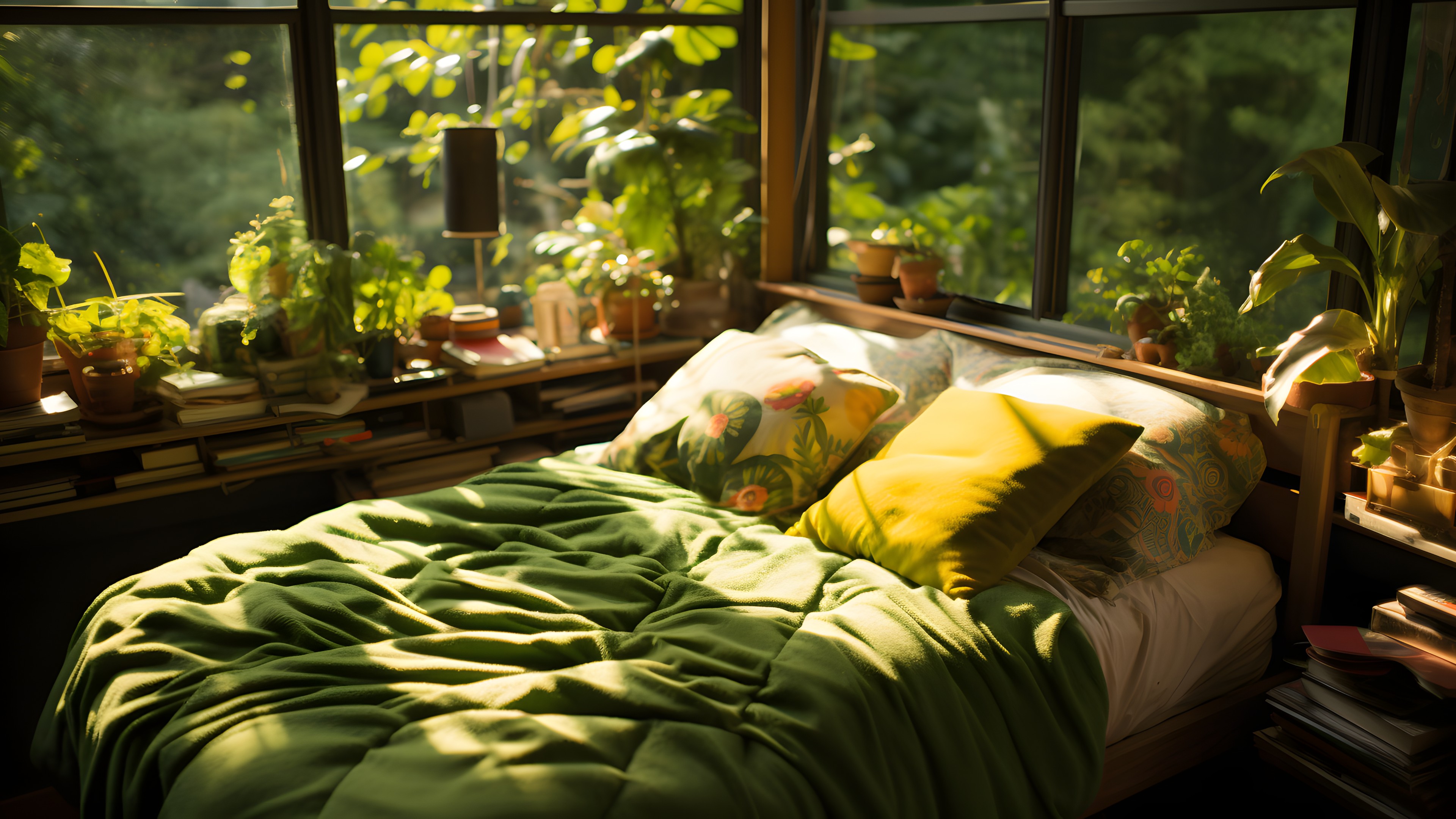 Plant, Comfort, Window, Textile, Wood, Interior design, Sunlight, Bed frame, Tints and shades, Shade