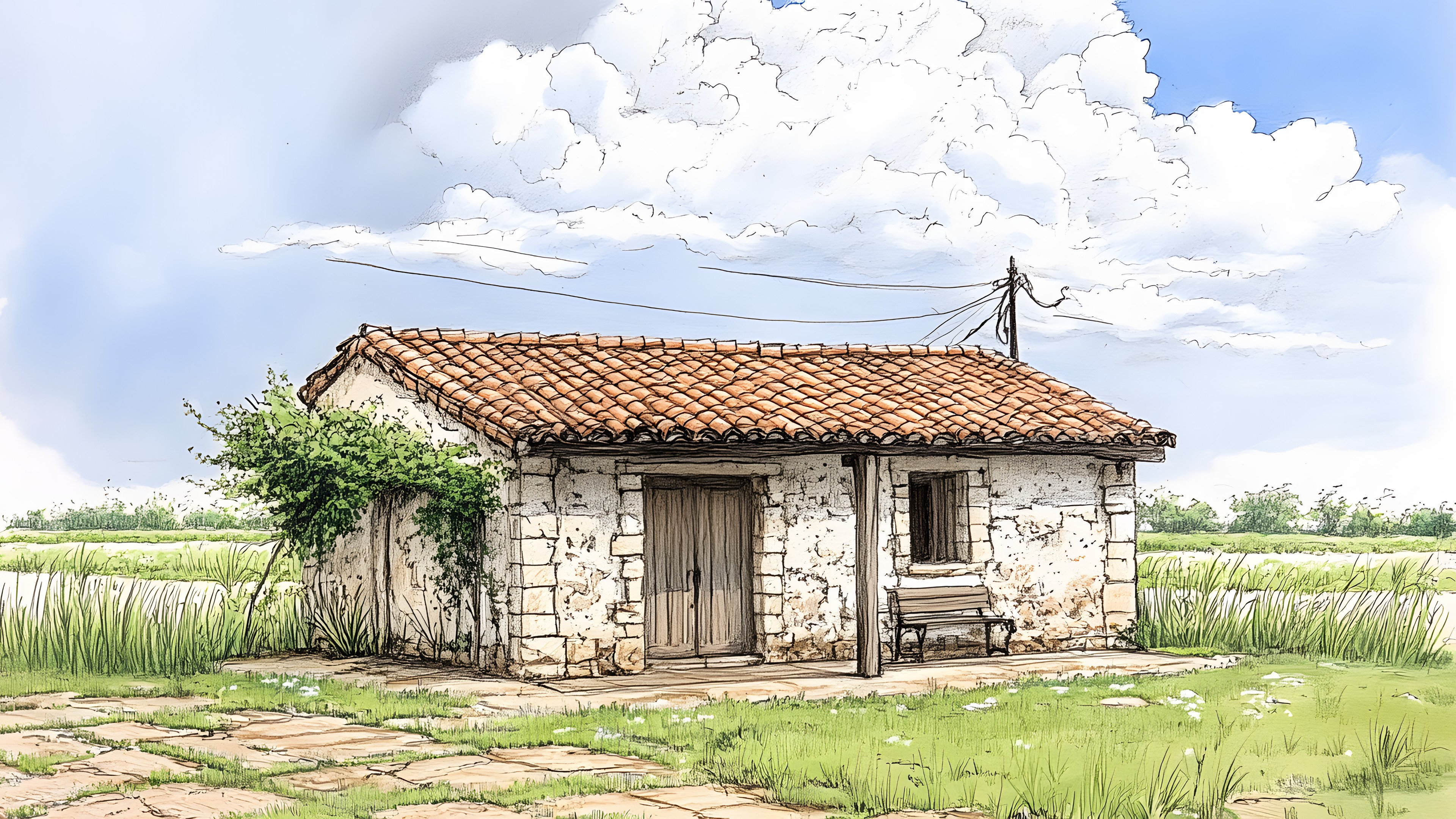 House, Rural area, Hut, Roof, Village, Land lot, Cottage, Human settlement, Home, Shed, Shack, Door, Drawing, Croft, Painting, Garden buildings, Watercolor painting, Sketch, Farmhouse, Paint