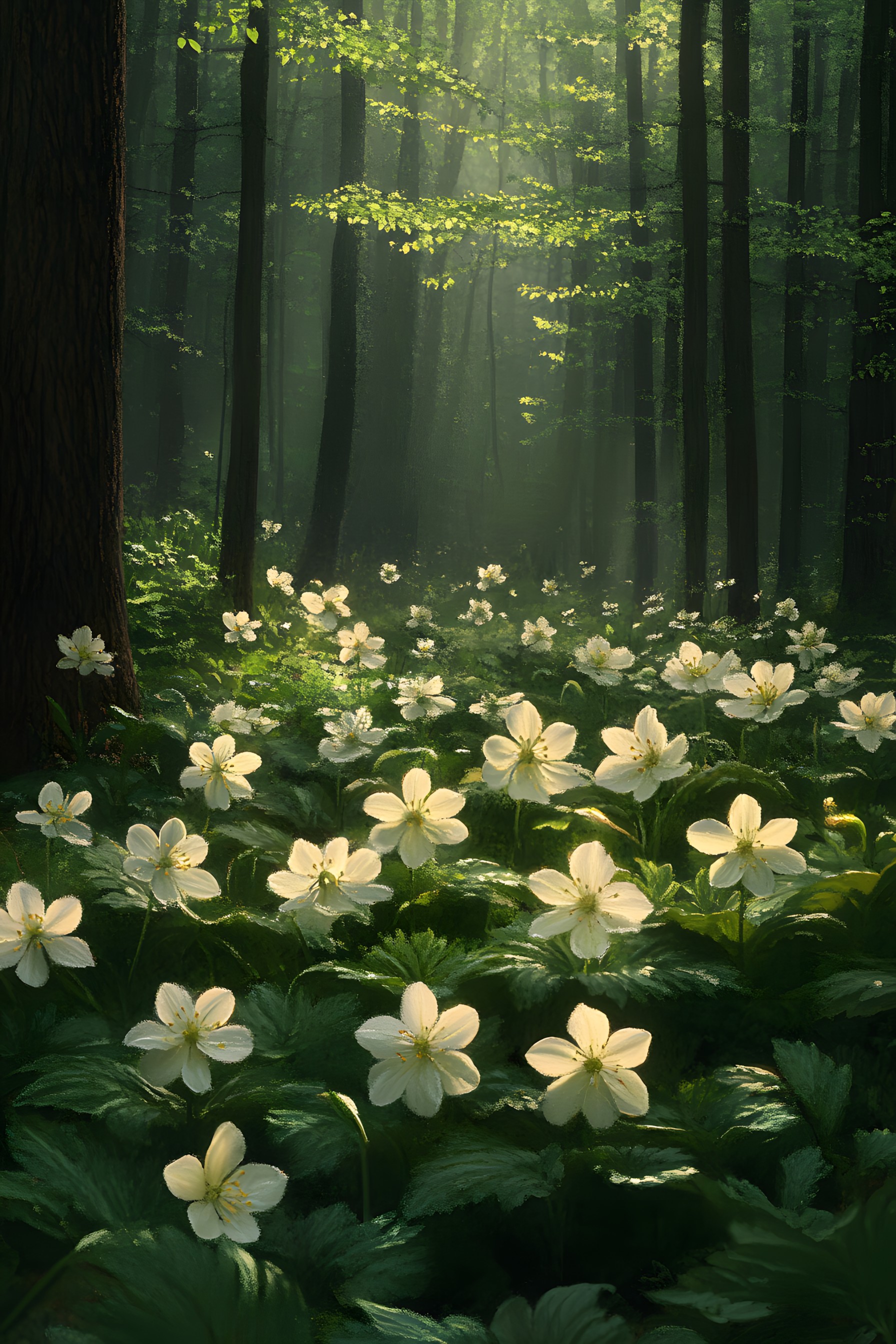 Flower, Plants, Petal, Forest, Spring, Flowering plant, Groundcover, Jungle, Sunlight, Wildflower, Woodland, Plant stem, Herbaceous plant, Old-growth forest, Northern hardwood forest, Perennial plant, Tropical and subtropical coniferous forests, Valdivian temperate rain forest, Rainforest, Anemone