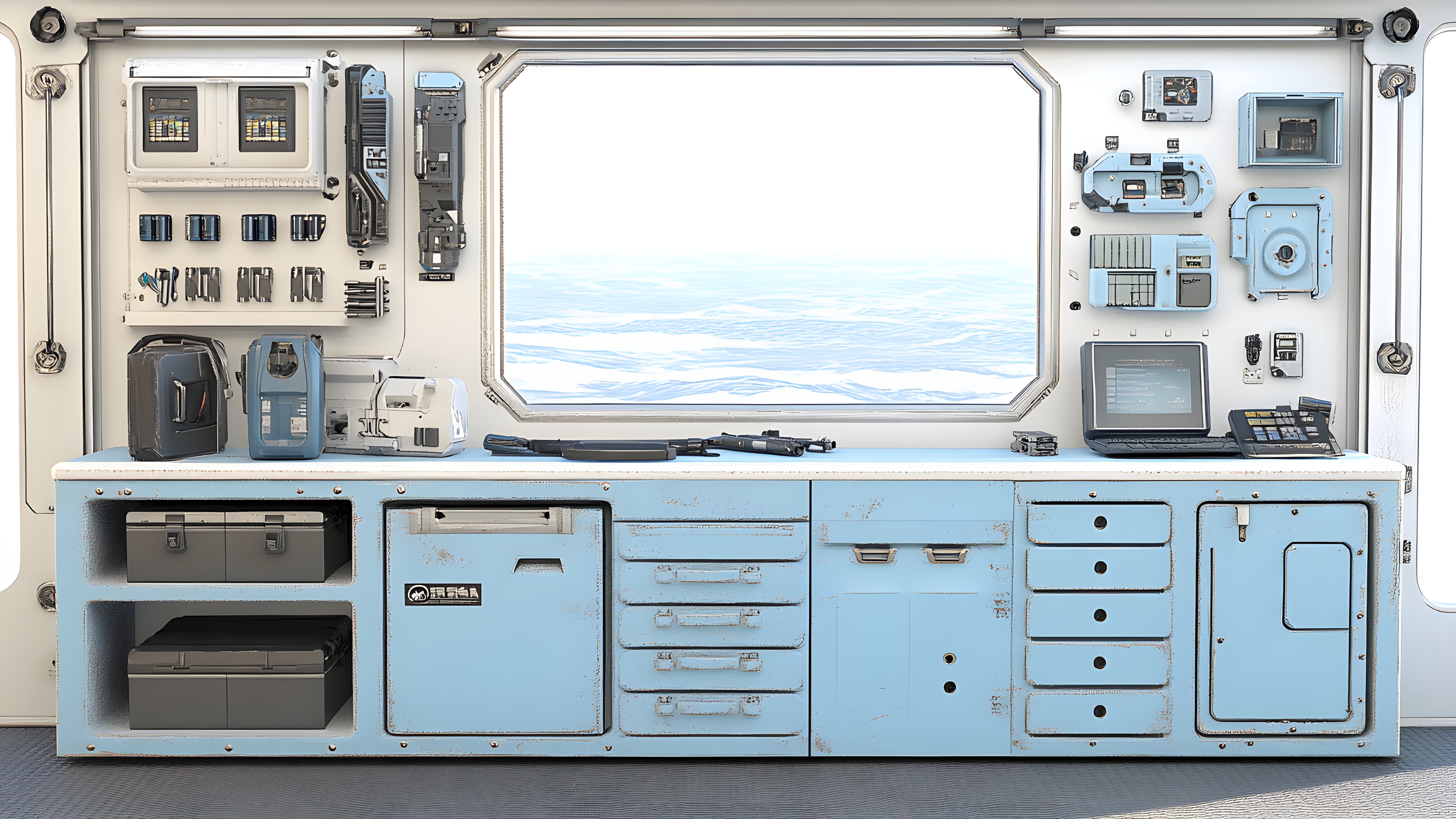 Cabinetry, White, Gas, Machine, Technology, Electronic device, Air travel, Drawer, Room, Engineering, Aircraft, Electric blue, Automotive design, Airline, Electronics, Windshield, Display device, Cockpit, Illustration, Countertop