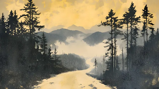 atmospheric phenomenon, Forest, Wilderness, Mist, Morning, Larch, Winter, Fog, Evening, Spruce-fir forests, Sunrise, Watercolor painting, Haze, Dawn, Conifers, Woodland, Art Paint, Pine family, Dusk, Fir