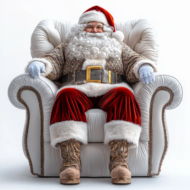 Santa Claus, Beard, Fictional character, Christmas Day, Facial hair, Fur clothing, Christmas Eve, Holiday, Toy, Winter, Christmas decoration, Lap, Throne, Gift, Costume Hat, Christmas ornament, Moustache, Living room