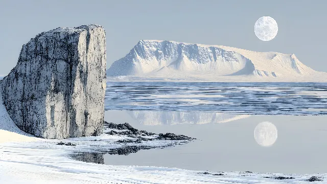 Ice cap, Sea ice, Polar ice cap, Iceberg, Landscape, Ice, Winter, Snow, Moon, Glacier, Arctic, Freezing, Ocean, Glacial landform, Sea, Arctic Ocean, Astronomical object, Tundra, Moonlight, Melting