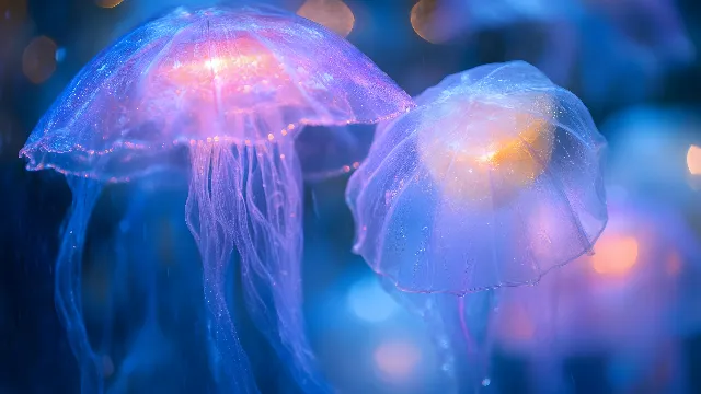 Blue, Jellyfish, Bioluminescence, Marine biology, Marine invertebrates, Purple, Pink, Cnidaria, Underwater, Macro photography, Science