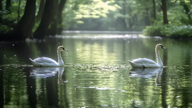 Water, Bird, Plant, Vertebrate, Green, Beak, Tree, Natural environment, Lake, Neck, Natural landscape, Waterfowl, Botany, Ducks, geese and swans, Grass, Body of water, Biome, Watercourse, Bank, Lacustrine plain