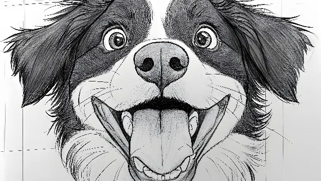 Dog, Facial expression, Snout, Drawing, Black and white, Sketch, Line art, Canidae, Whiskers, Graphics, Herding dog, Animation