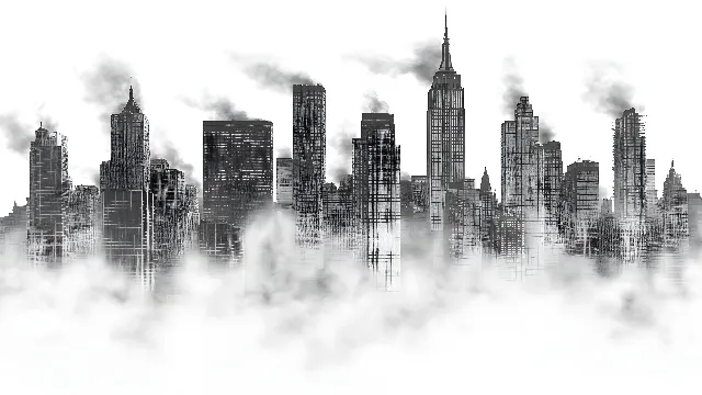 Skyscraper, City, High-rise building, Urban area, Monochrome photography, atmospheric phenomenon, Metropolitan area, Metropolis, Tower, Cityscape, Skyline, Black and white, Condominium, Commercial building, Apartment, Monochrome, Fog, Design, Headquarters, Haze