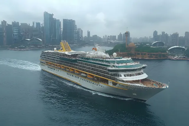 Cruise ship, Boat, Watercraft, Passenger ship, Ship, Naval architecture, Cruiseferry, High-rise building, Public transport, Metropolis, Ocean liner, Skyscraper, Water transportation, Ferry, Cityscape, Motor ship, Port