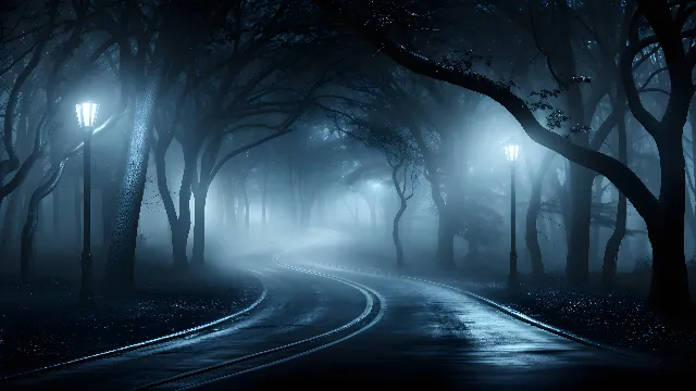 Atmosphere, Plant, Light, Road surface, Natural landscape, Tree, Infrastructure, Branch, Atmospheric phenomenon, Thoroughfare, Wood, Fog, Automotive lighting, Asphalt, Landscape, Woody plant, Road, Tints and shades, Trunk, Midnight