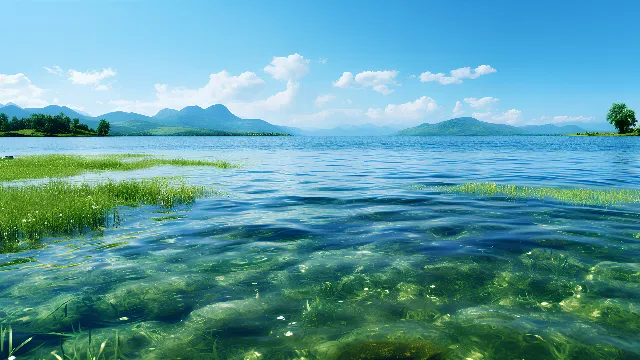 Water, Sky, Cloud, Water resources, Mountain, Green, Azure, Natural landscape, Highland, Coastal and oceanic landforms, Lake, Watercourse, Bank, Horizon, Landscape, Cumulus, Grassland, Calm, Grass, Hill