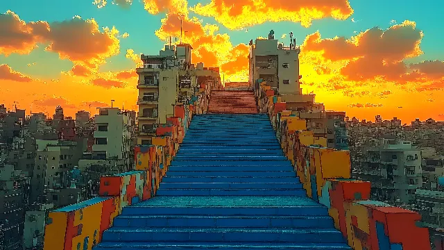 Orange, Afterglow, Sunset, Sunlight, Dusk, High-rise building, Sunrise, Evening, Red sky at morning, Stairs, Cityscape, Skyline