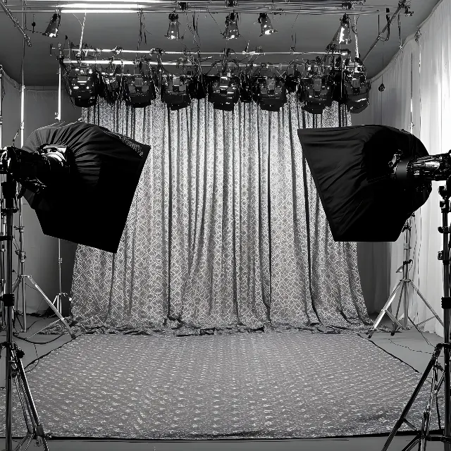 Studio, Film studio, Black and white, Curtain, Silver, Still life photography, Flash, Sound stage, Video Camera Light, Tripod