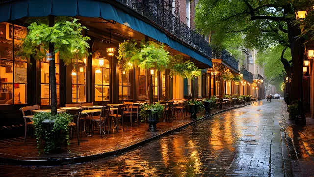 Water, Plant, Building, Lighting, Tree, Road surface, Flowerpot, Neighbourhood, Morning, Leisure, City, Tints and shades, Dusk, Urban area, Landscape, Facade, Mixed-use, Road, Evening, Reflection