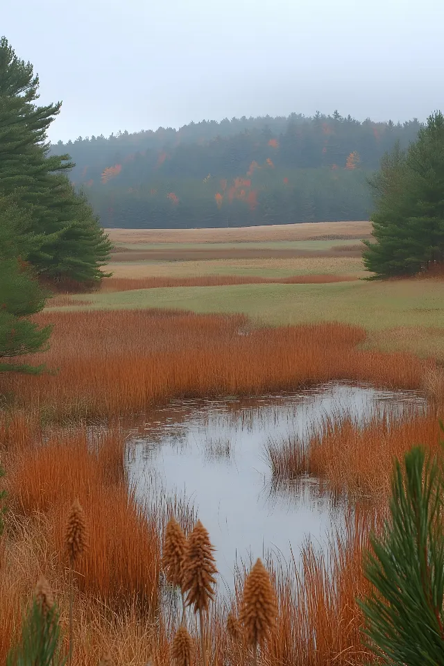 Marsh, Wetland, Freshwater marsh, Grasses, Bog, Prairie, Lacustrine plain, Tidal marsh, Salt marsh, Fen, Shrubland, Conifers, Spruce-fir forests, Reflection, Larch, Floodplain, Savanna, Bayou, Pond, Fir