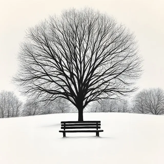 Photograph, Branch, Monochrome photography, Twig, Winter, atmospheric phenomenon, Black, Trunk, Snow, Black and white, Monochrome, Freezing, Outdoor Bench, Woody plant, Bench, Fog, Precipitation, Mist, Outdoor furniture, Winter storm