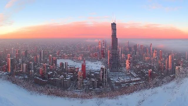 City, Skyscraper, High-rise building, Urban area, Tower, Metropolitan area, Dusk, Metropolis, Cityscape, Afterglow, Commercial building, Sunrise, Sunset, Morning, Red sky at morning, Condominium, Skyline, Evening, Aerial photography, Winter