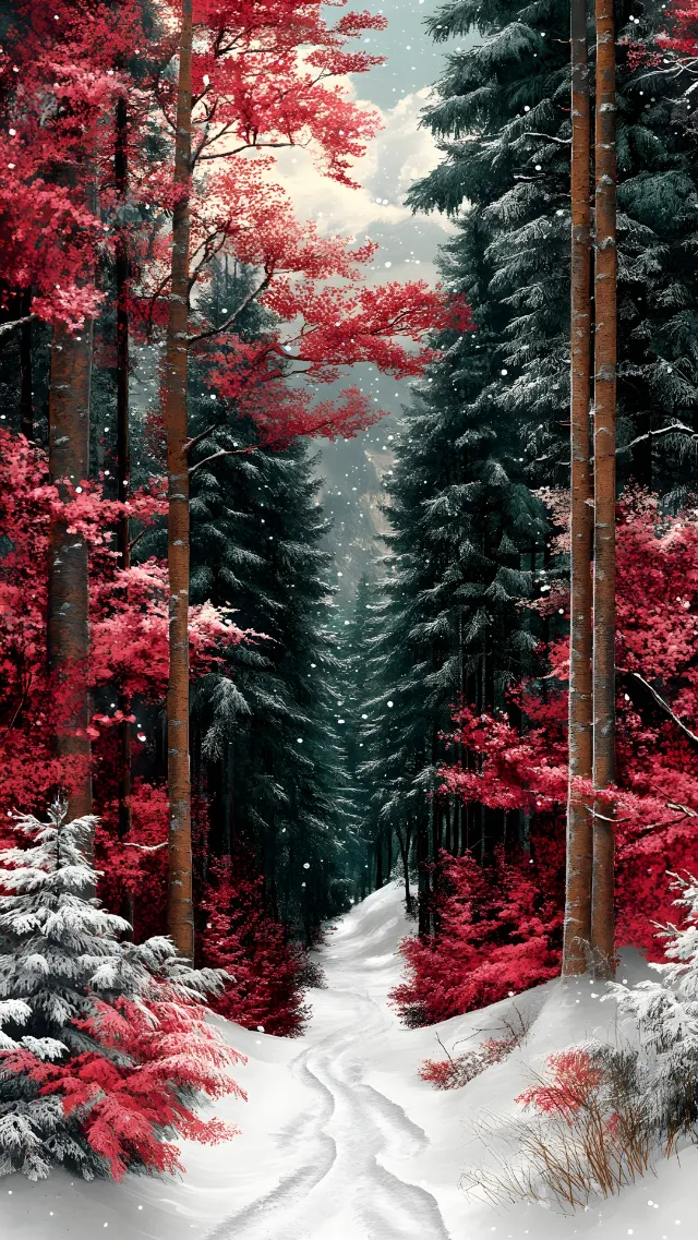 Red, Branch, Winter, Forest, Spruce-fir forests, Trunk, Woody plant, Woodland, Snow, Northern hardwood forest, Freezing, Grove, Old-growth forest, Frost, Temperate broadleaf and mixed forest, Larch, Conifers, Tropical and subtropical coniferous forests, Precipitation, Pine family