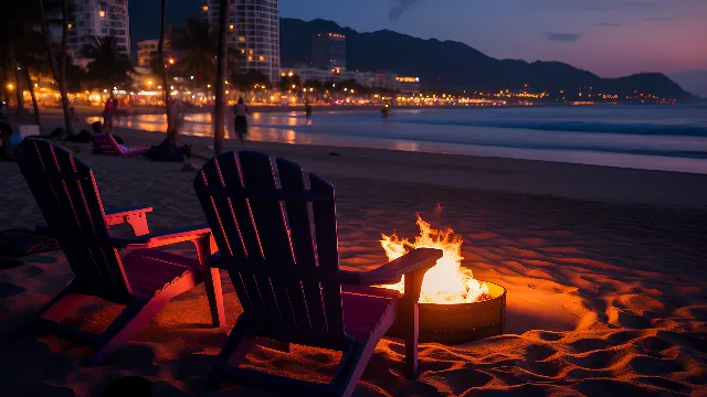 Water, Sky, Atmosphere, Furniture, Building, Light, Nature, Cloud, Orange, Body of water, Chair, Sunset, Beach, Outdoor furniture, Sunrise, Horizon, Afterglow, Table, Tree, Dusk