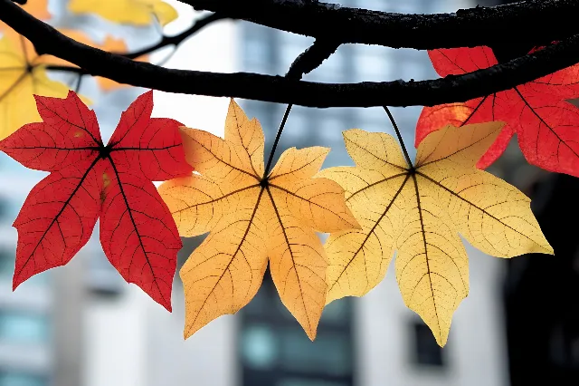 Yellow, Leaf, Red, Orange, Close-up, Autumn, Maple leaf, Sugar maple, Still life photography, Maple, Rocky mountain maple