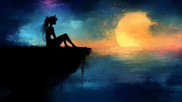 Dusk, Sea, Evening, Sunset, Astronomical object, Sunrise, Ocean, Afterglow, Moonlight, Reflection, Red sky at morning, Wind, Tropics, Animation, Backlighting, CG artwork, Moon, Silhouette, Fictional character, Love