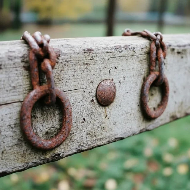 Brown, Wood, Gas, Grass, Font, Lock, Wire, Close-up, Metal, Jewellery, Fashion accessory, Padlock, Twig, Brick, Chain, Rectangle, Rust, Still life photography, Security, Plant