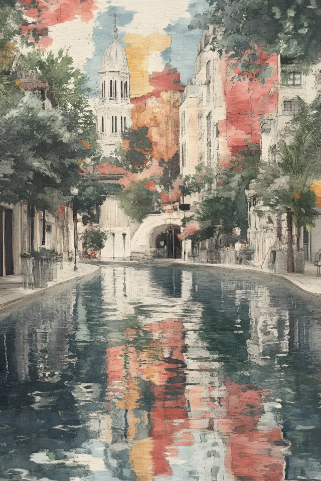 Painting, Paint, Visual arts, Watercolor painting, Channel, Art Paint, Canal, Boat, Modern art, Alley, Reflection, Acrylic paint, Spire