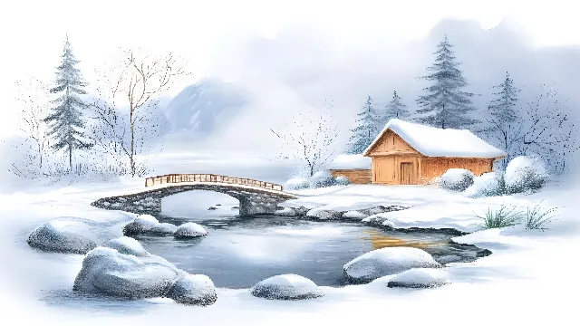 Winter, Snow, Freezing, Frost, Precipitation, Twig, Watercolor painting, Ice, Bridge, Winter storm, Conifers, Hut, Fir, Evergreen, Pine family