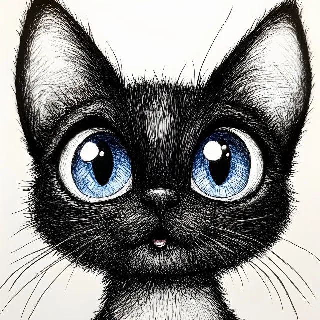 Cat, Facial expression, Felinae, Felidae, Whiskers, Snout, Black, Iris, Black and white, Drawing, Illustration, Sketch, Line art, Graphics, Kitten, Clip art, Fur