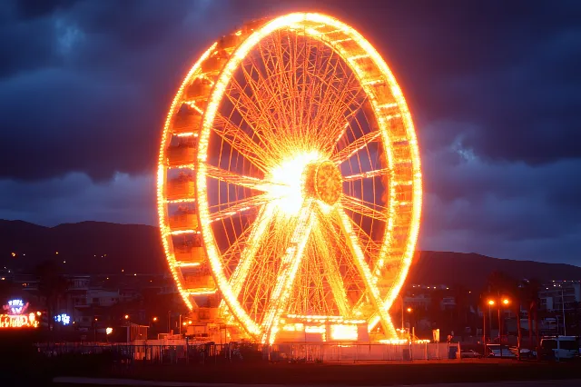 Ferris wheel, Yellow, Amusement ride, Night, Event, Lighting, Landmark, Tourist attraction, Fair, Amusement park, Midnight, Evening, Stock photography