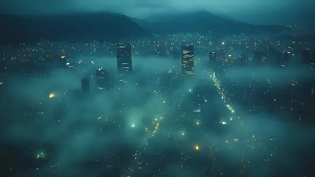 City, atmospheric phenomenon, Metropolitan area, Urban area, High-rise building, Skyscraper, Metropolis, Cityscape, Night, Tower, Midnight, Haze, Condominium, Aerial photography, Skyline, Bird's-eye view, Mist, Fog