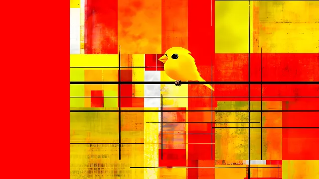 Bird, Beak, Rectangle, Orange, Amber, Art, Tints and shades, Pattern, Symmetry, Songbird, Perching bird, Visual arts, Tail, Circle, Font