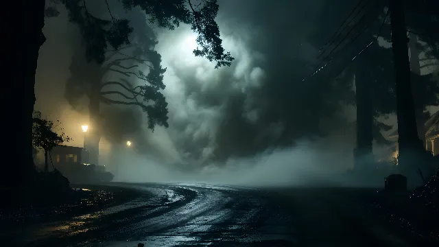 Cloud, Atmosphere, Automotive lighting, Plant, Light, Tree, Nature, Sky, Lighting, Branch, Atmospheric phenomenon, Fog, Sunlight, Road surface, Natural landscape, Street light, Asphalt, Woody plant, Road, Headlamp