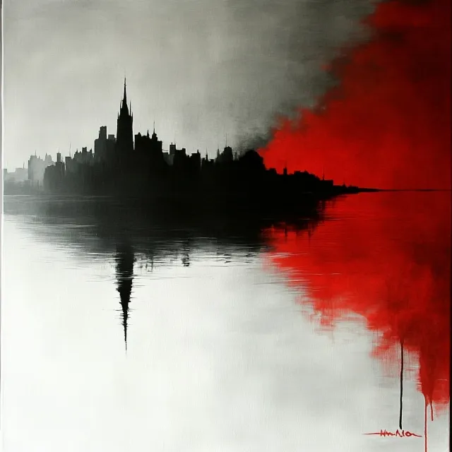 Red, Tower, Spire, Black and white, Skyline, Modern art, Cityscape, Still life photography, Paint, Reflection, Art Paint, Graphics, Skyscraper, Still life, Watercolor painting