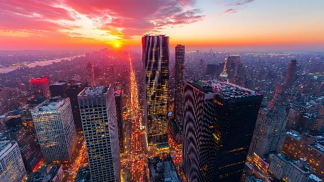 Skyscraper, Urban area, City, Daytime, Building, Metropolitan area, High-rise building, Afterglow, Dusk, Sunset, Orange, Beauty, Tower, Metropolis, Horizon, Sunrise, Cityscape, Commercial building, Red sky at morning, Landmark