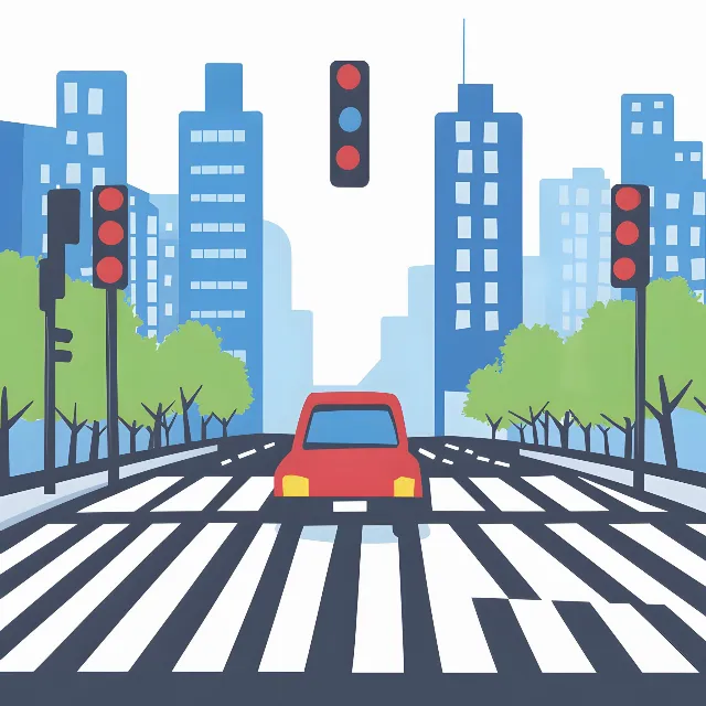 Pedestrian crossing, Zebra crossing, Road junction, Intersection, High-rise building, Traffic