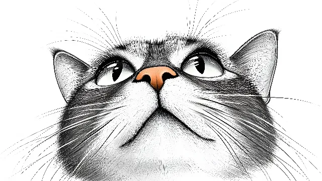 White, Cat, Vertebrate, Facial expression, Felidae, Felinae, Snout, Whiskers, Drawing, Black and white, Line art, Sketch, Illustration, Fur, Graphics