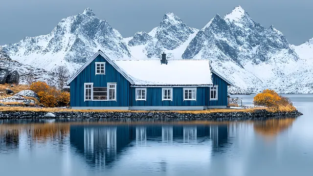 Water, Building, Snow, Property, Mountain, Plant, Window, Natural landscape, Tree, House, Body of water, Sky, Lake, Slope, Cottage, Landscape, Freezing, Real estate, Rural area, Landmark