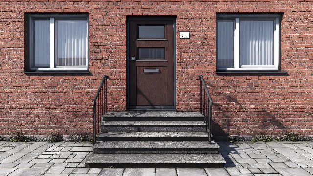 Brown, Building, Daytime, Window, Property, Fixture, Wood, Rectangle, Brickwork, Lighting, Stairs, Brick, Road surface, Architecture, Door, Building material, House, Neighbourhood, Wall, Facade